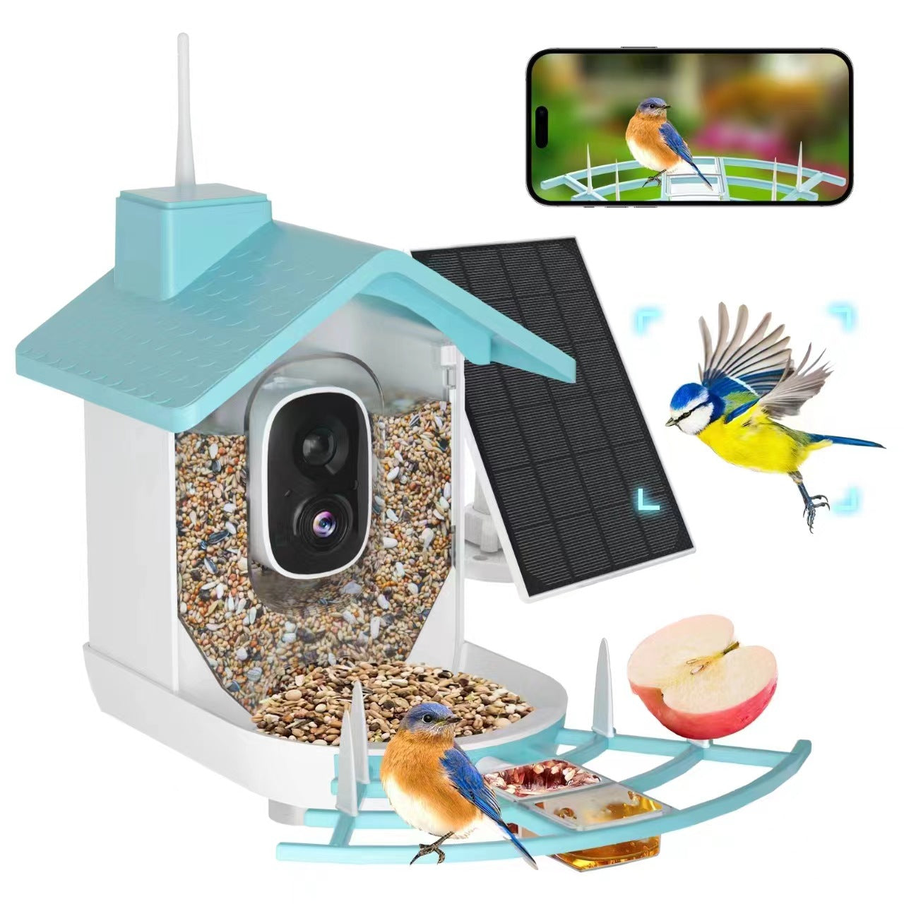 Blue Bird Feeder With Camera Full HD 135° wide view Cable&Solar Panel Charing Tris Home App